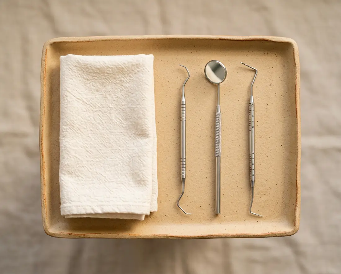 Dental mirror and explorers laid out on a ceramic tray