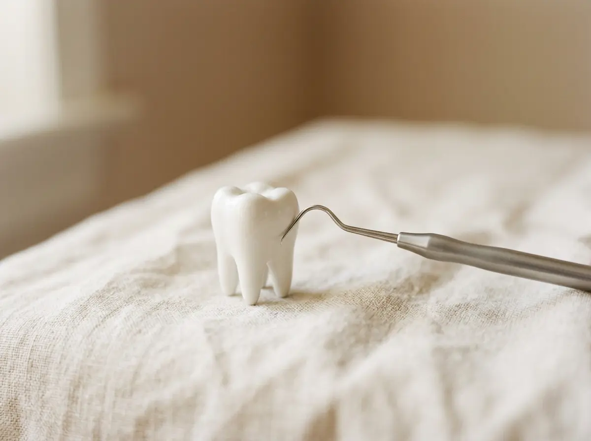 A model tooth with a dental explorer resting on soft linen